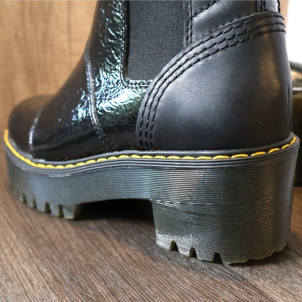 Dr. Martens Rozalie Distressed Patent Heeled Chelsea Boots Black Melbourne Sz 6